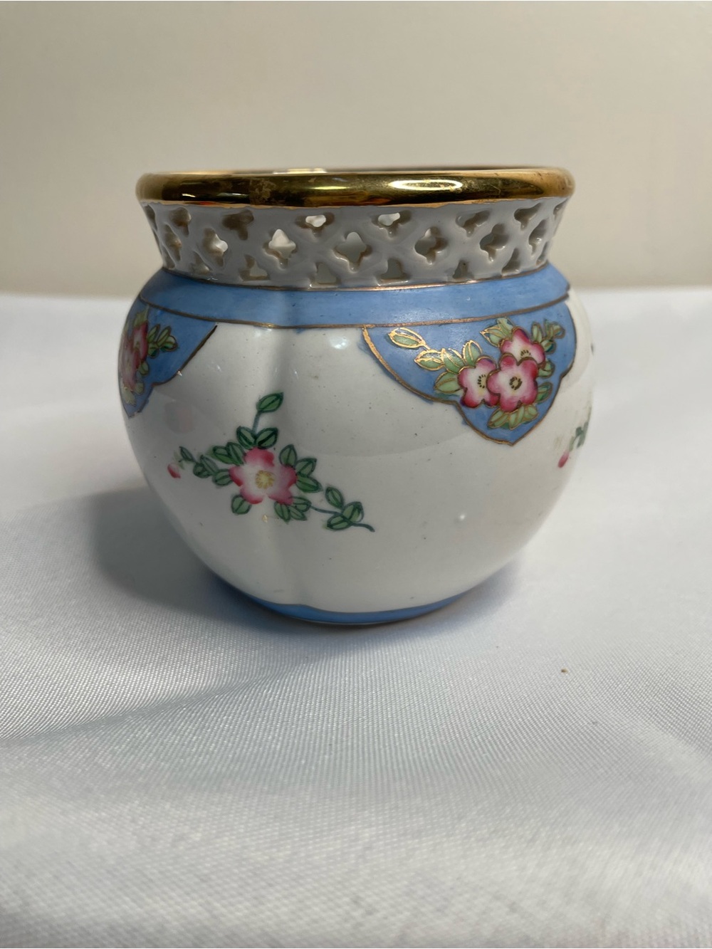 Blue and White Floral Ceramic Accent Jar with Gold Trim